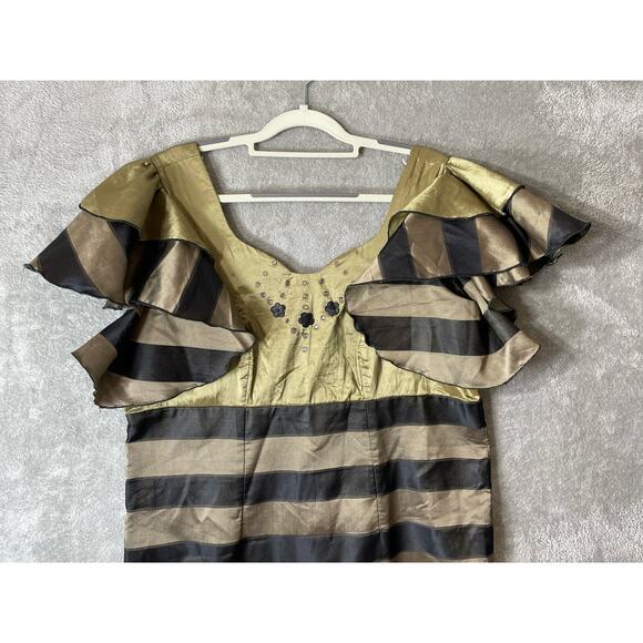 Cocktail Dress Medium Gold Satin Striped Handmade Ruffled Sleeve Beaded Formal - Picture 2 of 5